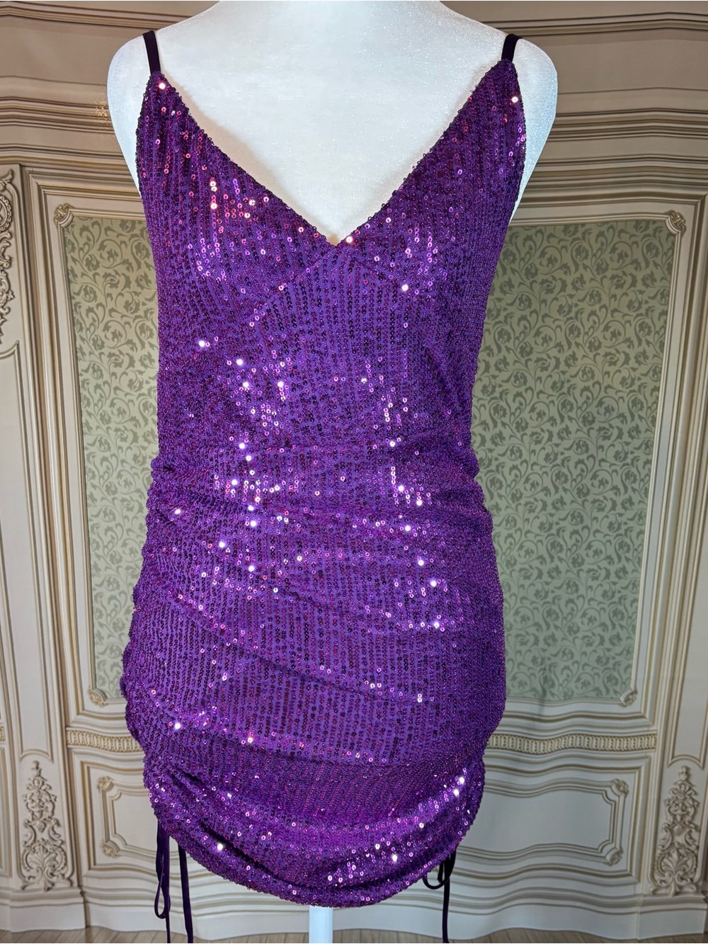Live To Be Spoiled Dress M Sequin Purple Bodycon Mini V Neck Tie  Adjustable